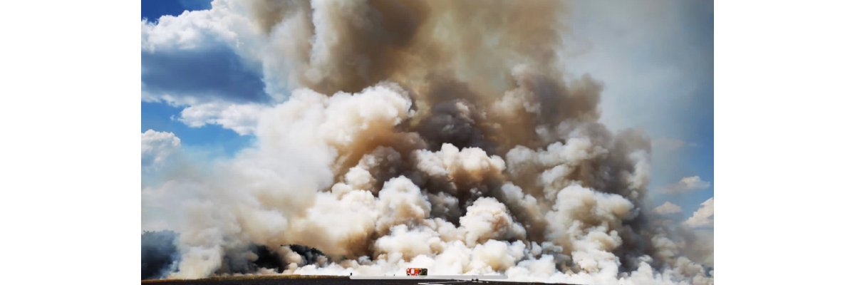 Verbrannte Fläche, im Hintergrund Qualm und Feuerwehrfahrzeug